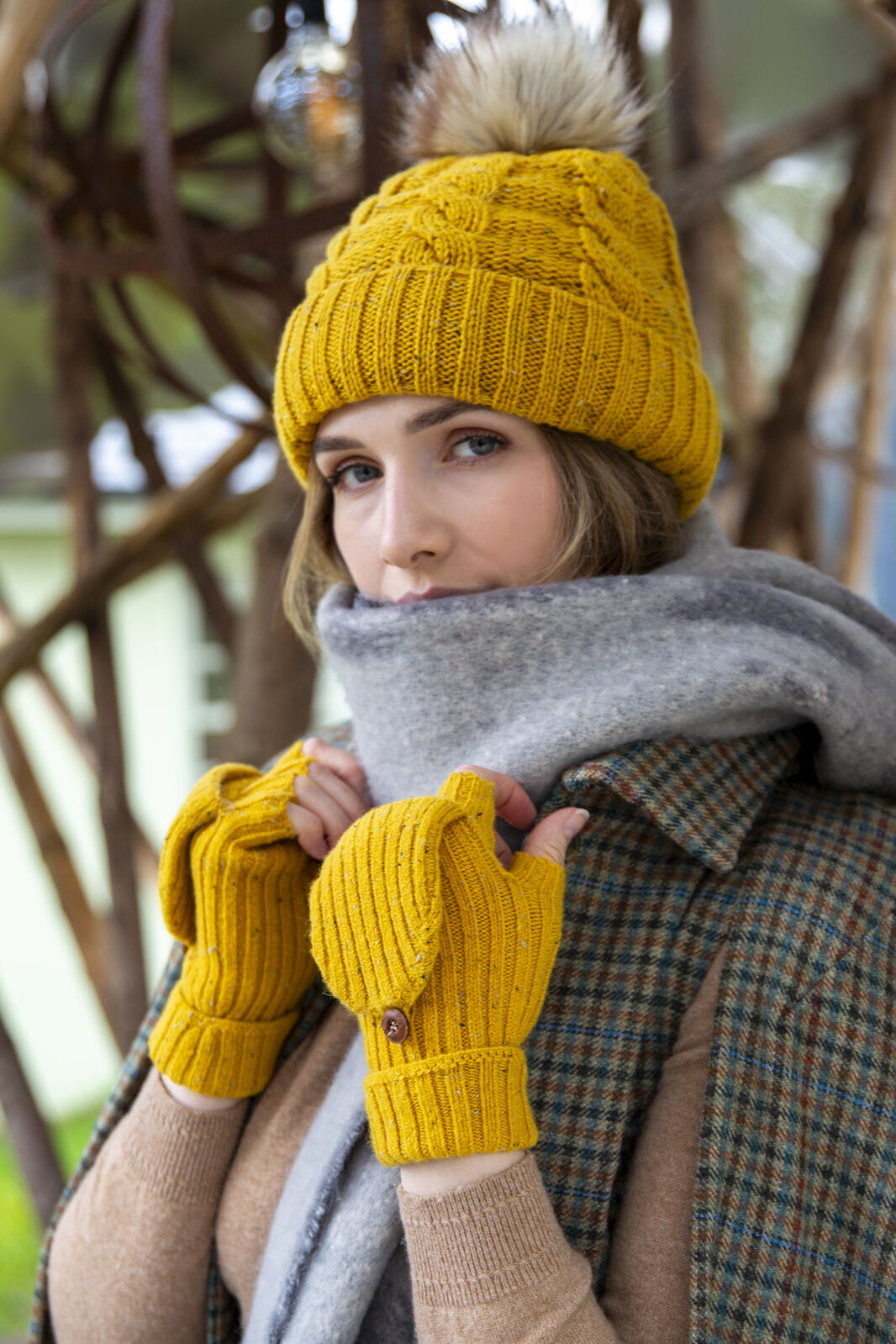 Dents Women's Cable Knit Beanie with Pom - Yellow