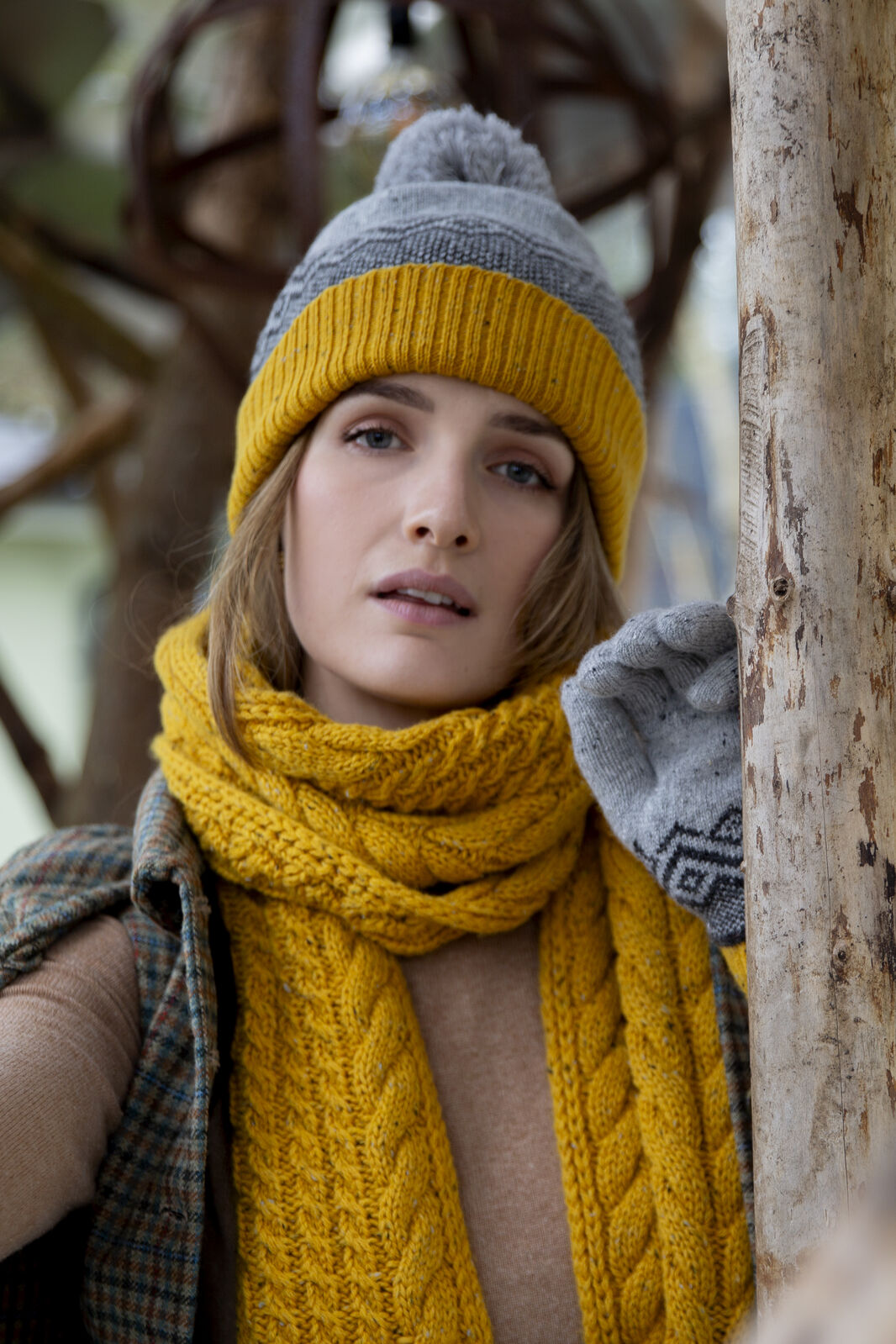 Dents Women’s Jacquard Knitted Bobble Hat with Geometric Pattern - Yellow/Grey