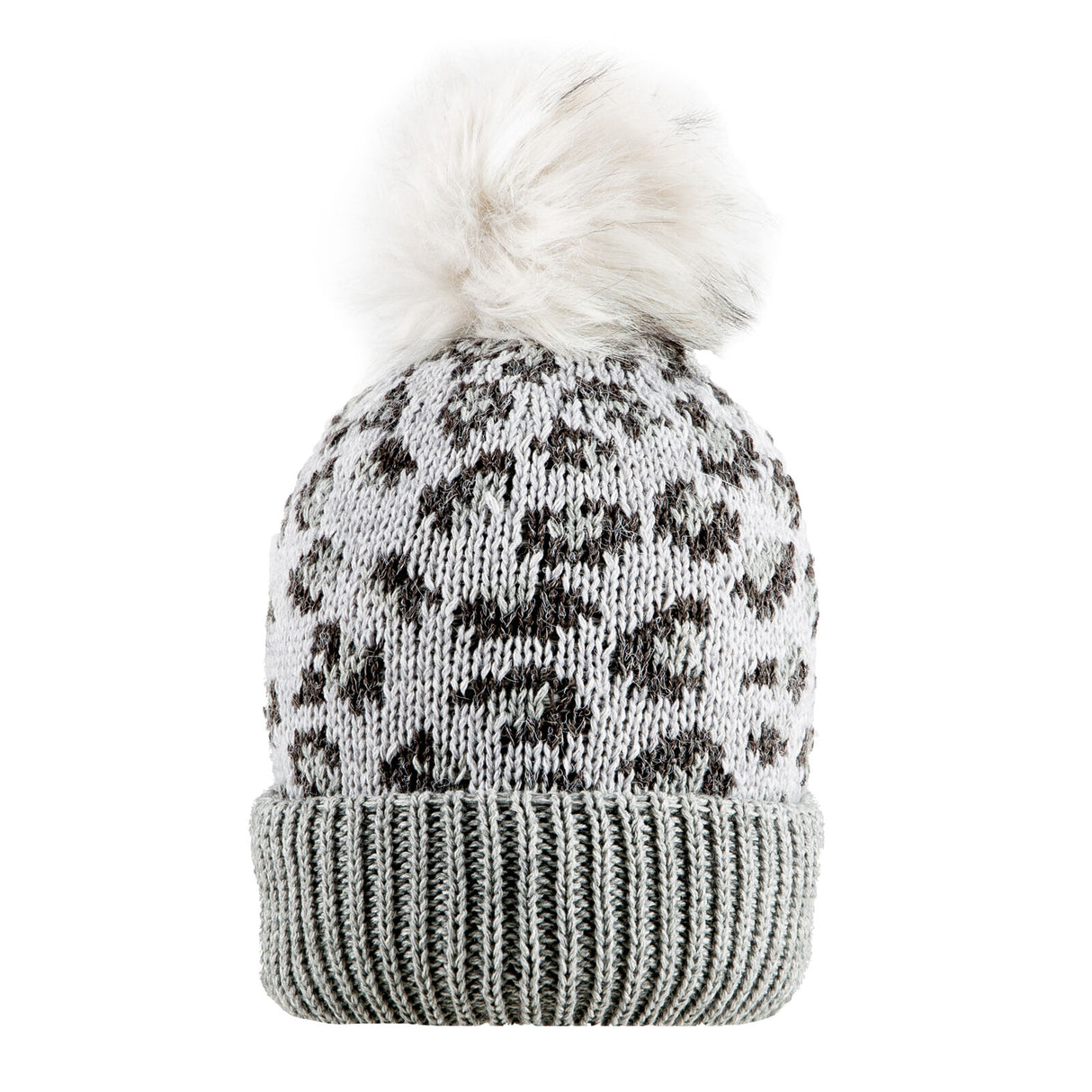 Dents Women’s Jacquard Knitted Bobble Hat with Leopard Print Pattern and Faux Fur Pom - Grey