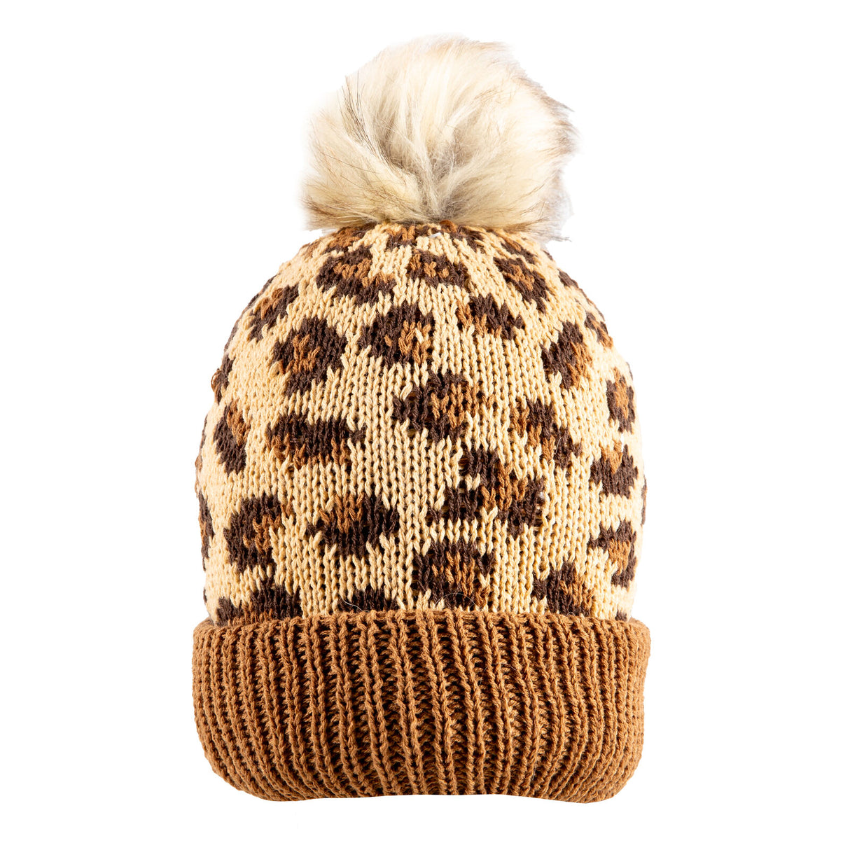 Dents Women’s Jacquard Knitted Bobble Hat with Leopard Print Pattern and Faux Fur Pom - Tan