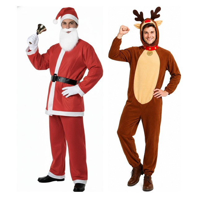 Santa & Red Nose Reindeer Couples Costume Set - Father Christmas Xmas Party Fancy Dress