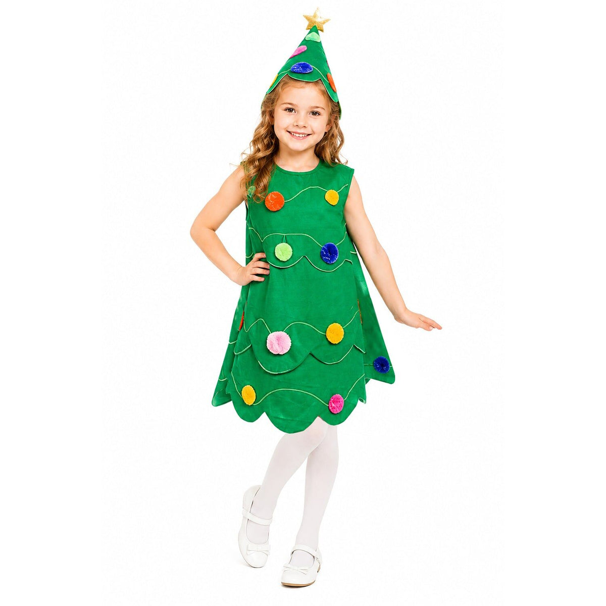 Girls Christmas Tree Costume w/ Dress & Star Hat - Green (Childrens Xmas Party Outfit)