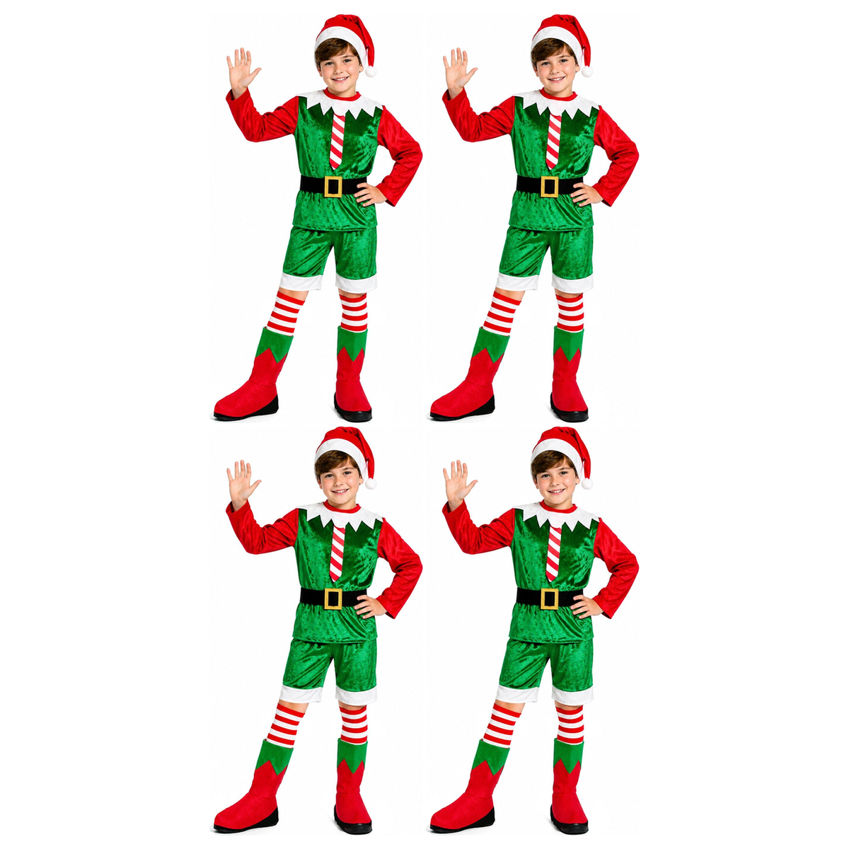 4x Boys Green Christmas Elf Group Costume Bulk Pack - Childrens Santas Helper Xmas Party Outfit