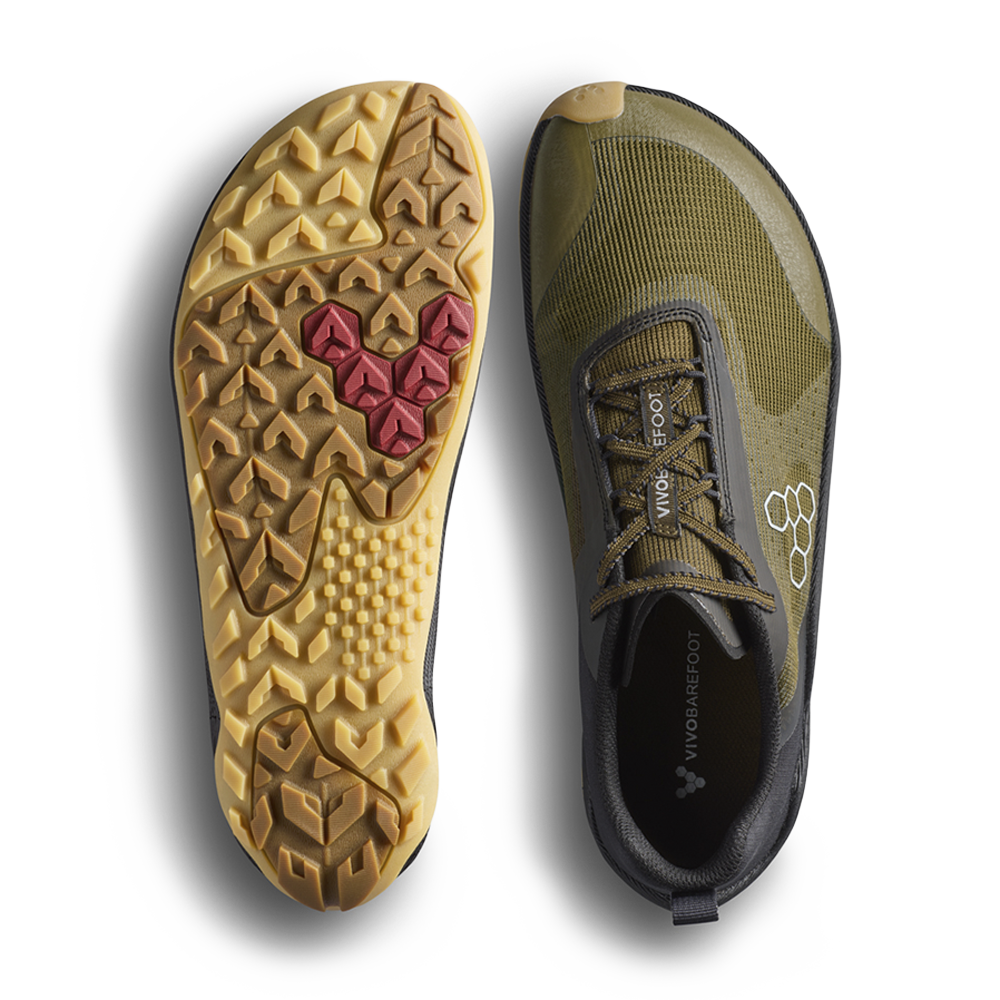 Vivobarefoot Mens Primus Trail Flow Barefoot Shoes - Dark Olive/Gum (Lightweight Recycled Runners)