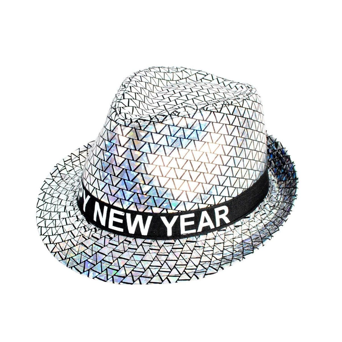 Happy New Year Metallic Trilby Costume Party Hat - Black & Silver Triangles