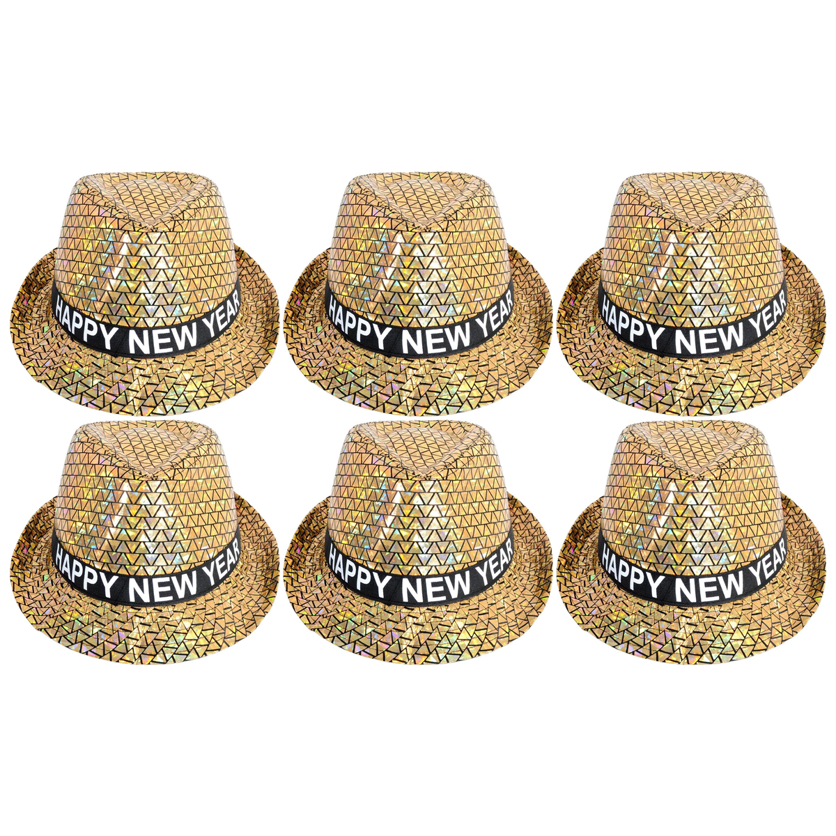 6x Happy New Year Metallic Trilby Hat Bulk Pack - Black/Gold Triangles (Party Costume & Fancy Dress)