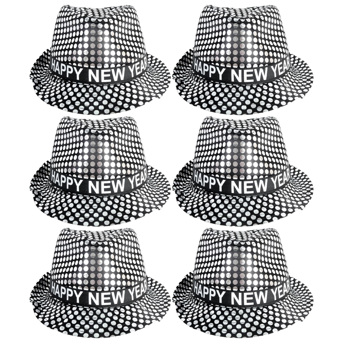 6x Happy New Year Metallic Trilby Hat Bulk Pack - Black/Silver Dots (Party Costume & Fancy Dress)
