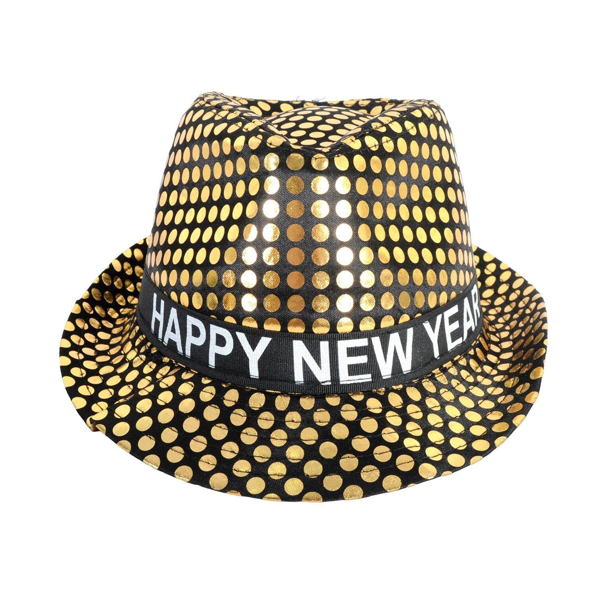 Happy New Year Metallic Trilby Costume Party Hat - Black & Gold Dots