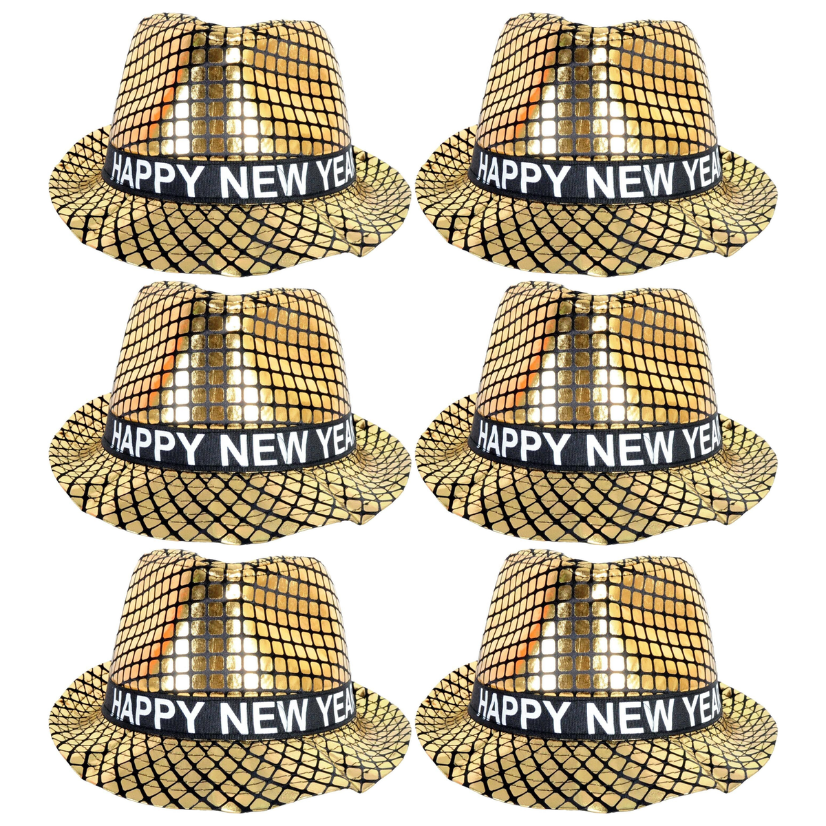 6x Happy New Year Metallic Trilby Hat Bulk Pack - Black/Gold Squares (Party Costume & Fancy Dress)