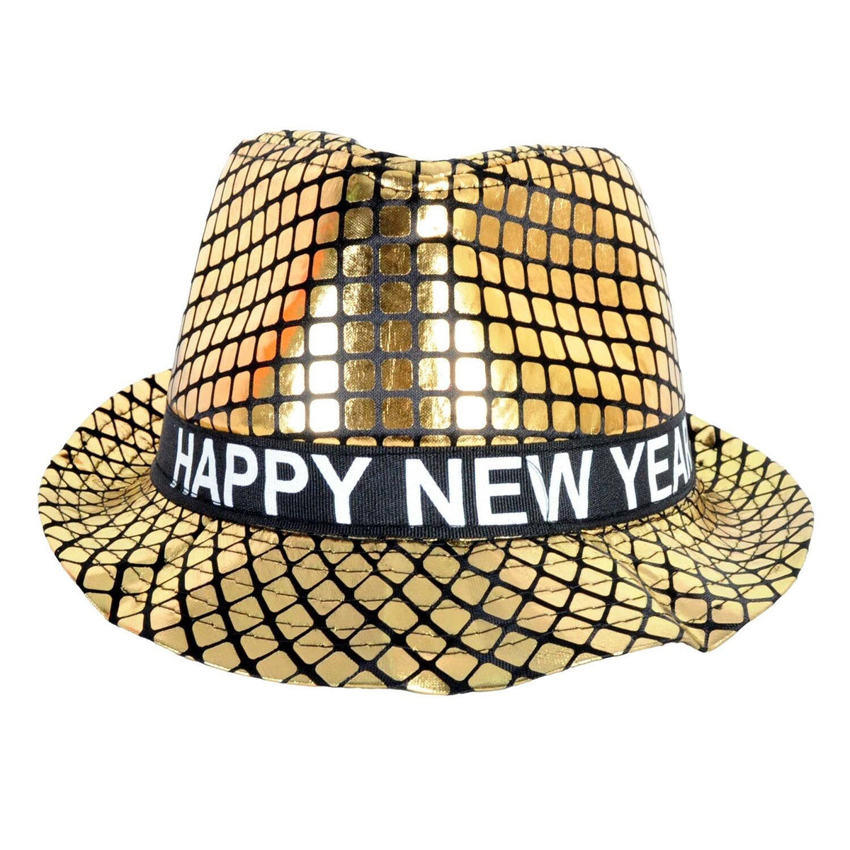 Happy New Year Metallic Trilby Costume Party Hat - Black & Gold Squares