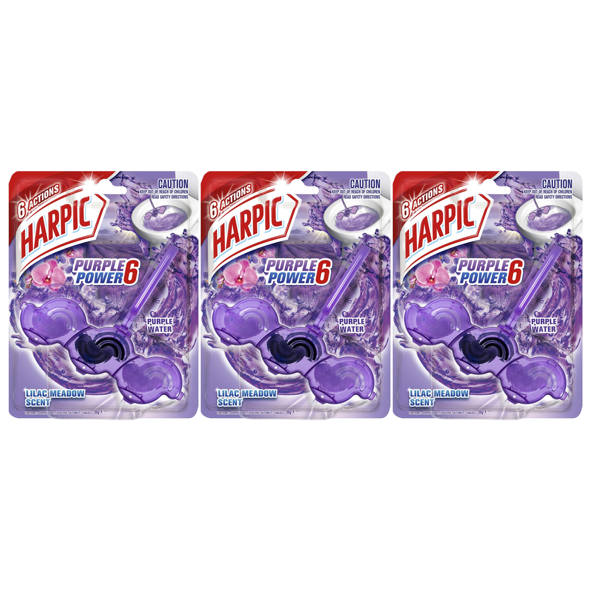 3x 35g Harpic 6 Actions Toilet Cage Cleaner Pack - Lilac Meadow