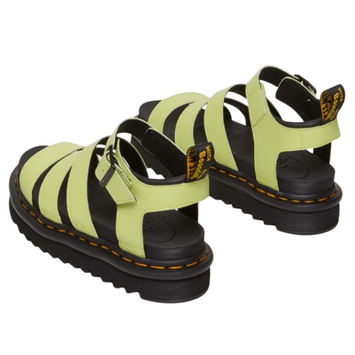 Dr. Martens Blaire 3 Strap Sandals Shoes in PU Coated Leather in Lime Green Athena
