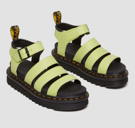 Dr. Martens Blaire 3 Strap Sandals Shoes in PU Coated Leather in Lime Green Athena