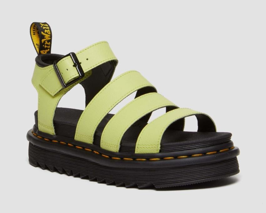 Dr. Martens Blaire 3 Strap Sandals Shoes in PU Coated Leather in Lime Green Athena