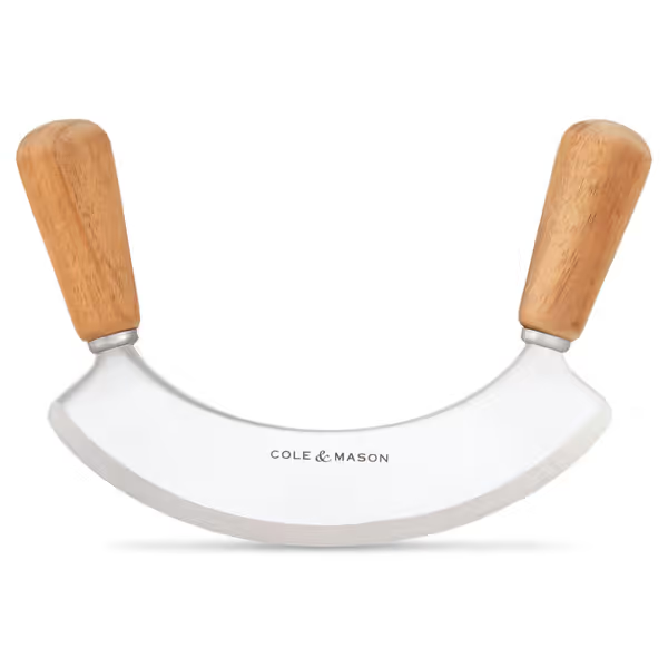 Cole & Mason Ashden Stainless Steel Mezzaluna Herb Garlic Chopper w Acacia Board