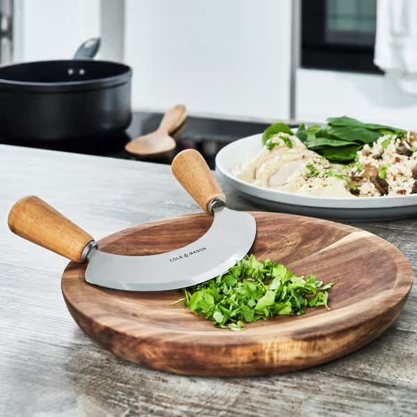 Cole & Mason Ashden Stainless Steel Mezzaluna Herb Garlic Chopper w Acacia Board