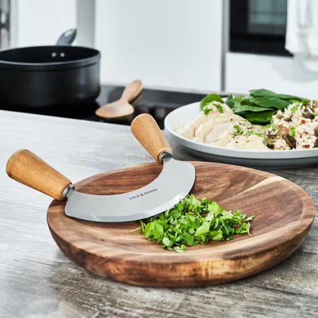 Cole & Mason Ashden Stainless Steel Mezzaluna Herb Garlic Chopper w Acacia Board