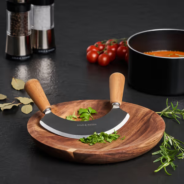 Cole & Mason Ashden Stainless Steel Mezzaluna Herb Garlic Chopper w Acacia Board
