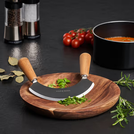 Cole & Mason Ashden Stainless Steel Mezzaluna Herb Garlic Chopper w Acacia Board