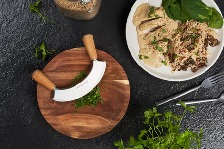 Cole & Mason Ashden Stainless Steel Mezzaluna Herb Garlic Chopper w Acacia Board