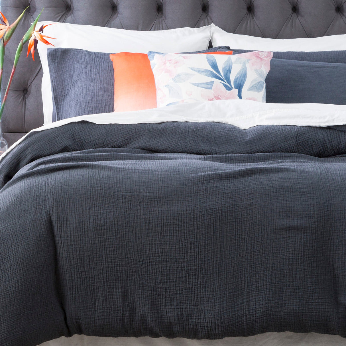 Renee Taylor Solana 250TC Washed Cotton Quilt Cover Set - Blue (OEKO-TEX Certified)