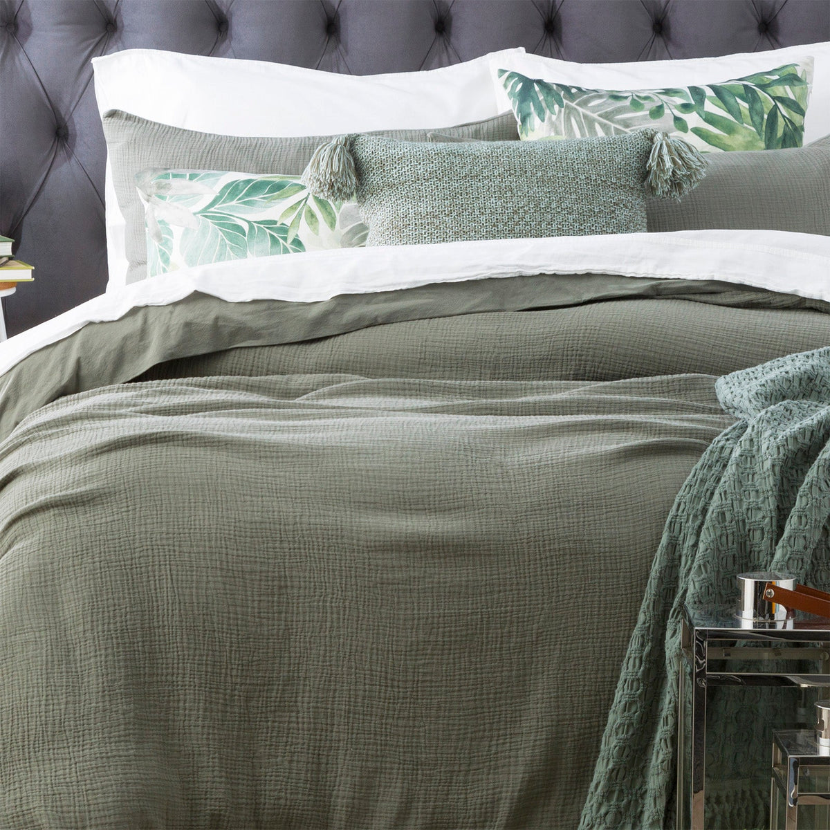 Renee Taylor Solana 250TC Washed Cotton Quilt Cover Set - Fern (OEKO-TEX Certified)