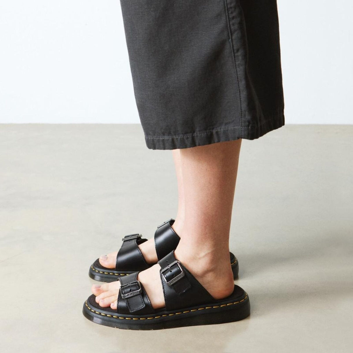 Dr. Martens Josef Analine Leather Slide Sandals Buckle Strap Comfort Footbed in Black
