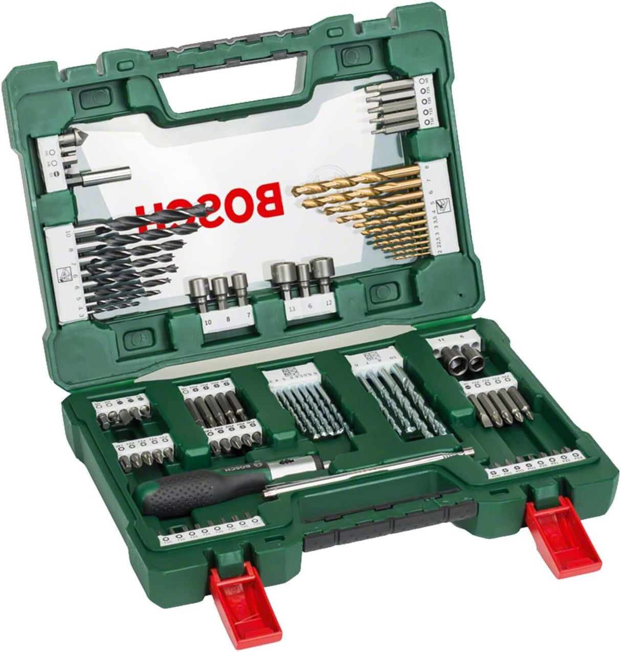 Bosch 91-Piece V-Line Titanium Drill Bit and Screwdriver Bit Set w/ Ratcheting Screwdriver (For Wood, Masonry, and Metal)