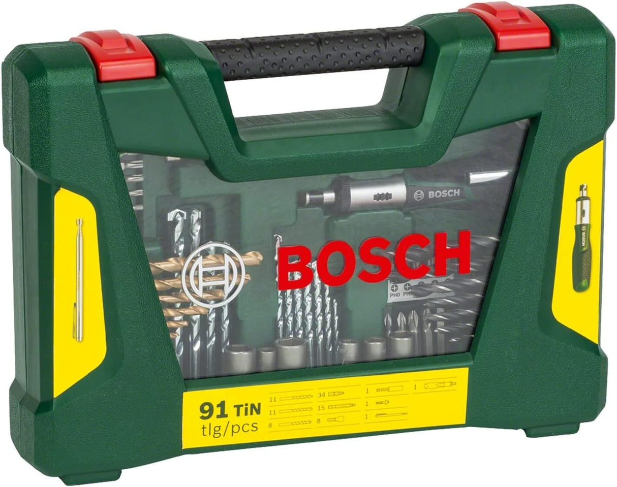 Bosch 91-Piece V-Line Titanium Drill Bit and Screwdriver Bit Set w/ Ratcheting Screwdriver (For Wood, Masonry, and Metal)