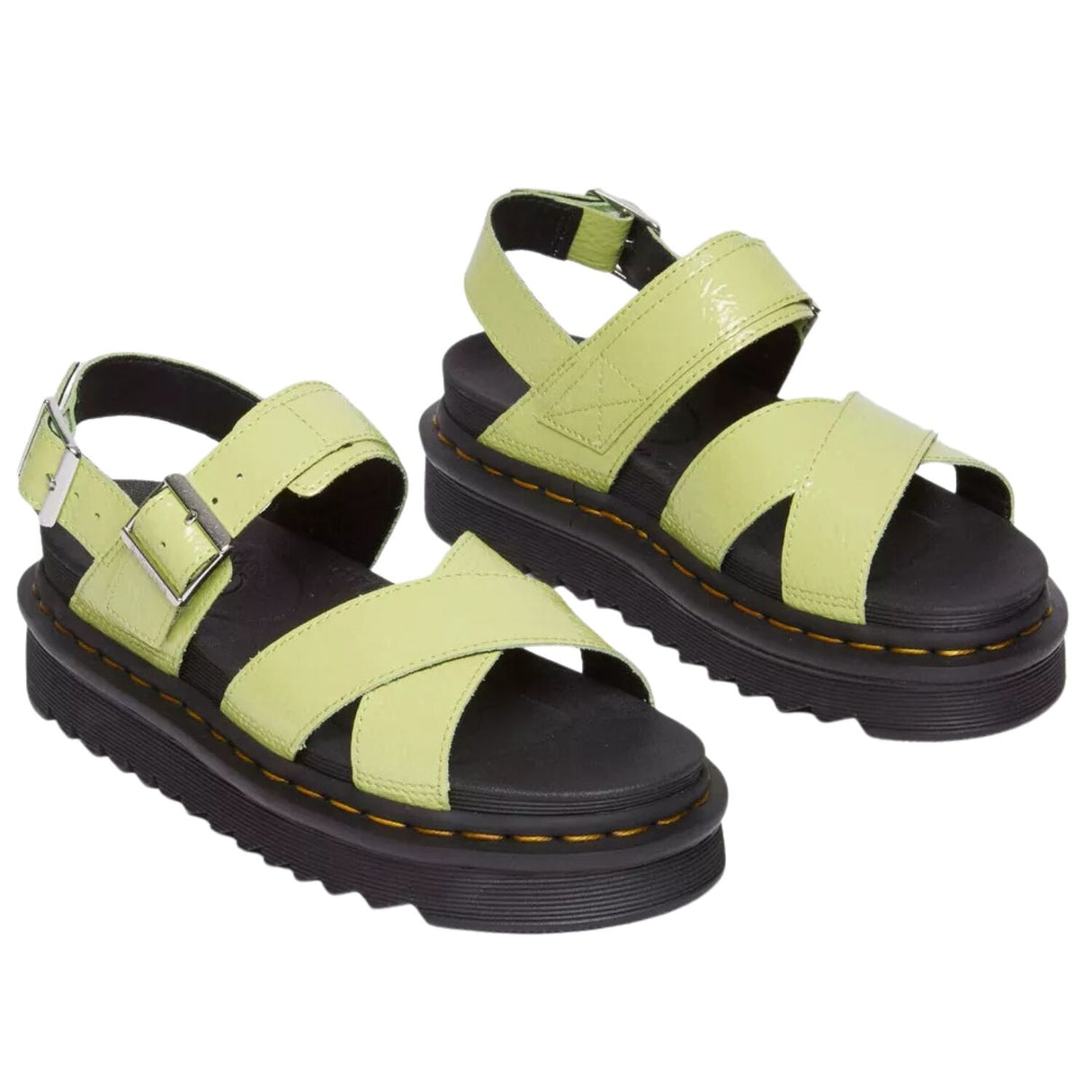 Dr. Martens Voss II Sandals Womens Distressed Patent Leather Adjustable Buckle in Lime Green