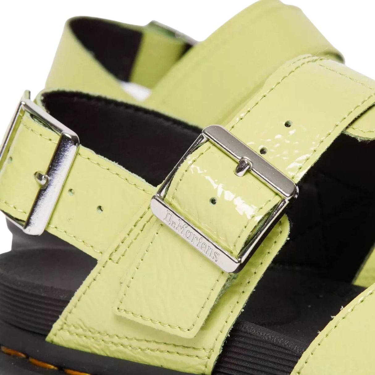 Dr. Martens Voss II Sandals Womens Distressed Patent Leather Adjustable Buckle in Lime Green