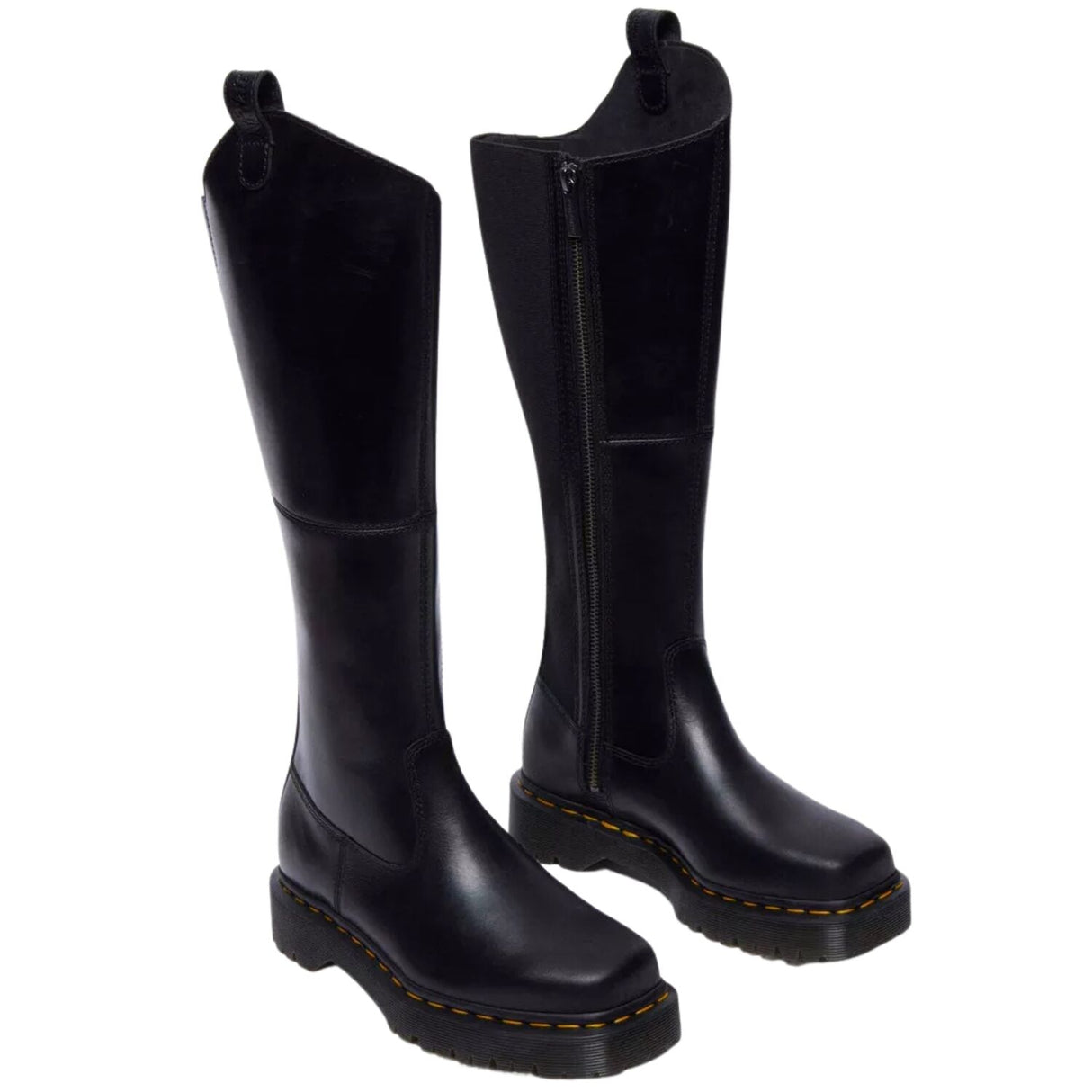 Dr. Martens Amaayah Hi Riding Boots Orleans Leather Tall Bex Sole Square Toe in Black