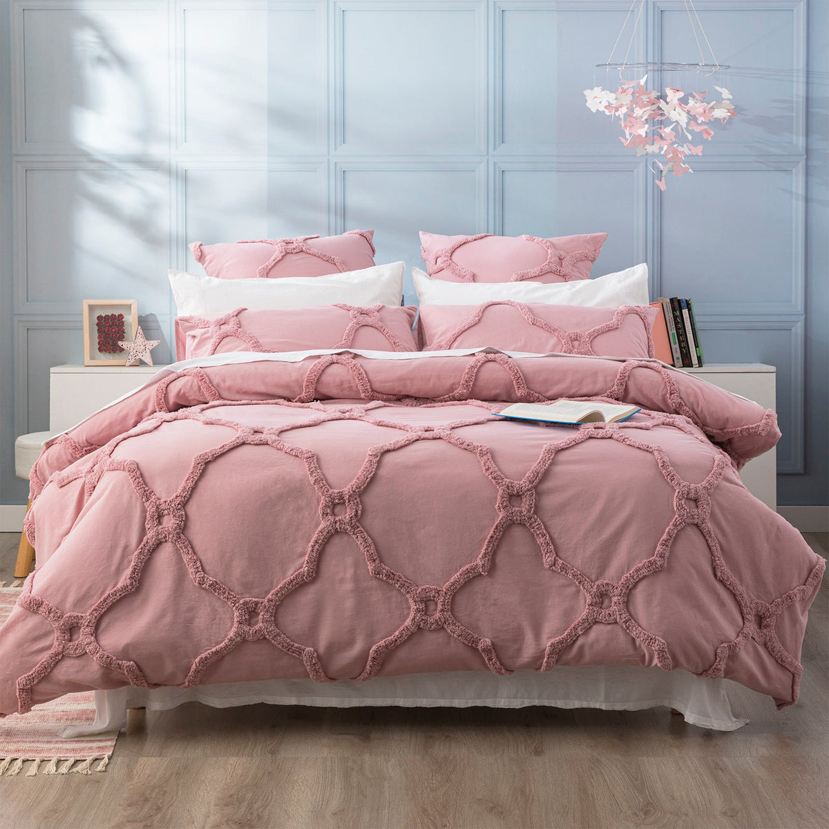 Renee Taylor Moroccan Vintage Washed Tufted Cotton Chenille Quilt Cover Set - Blush