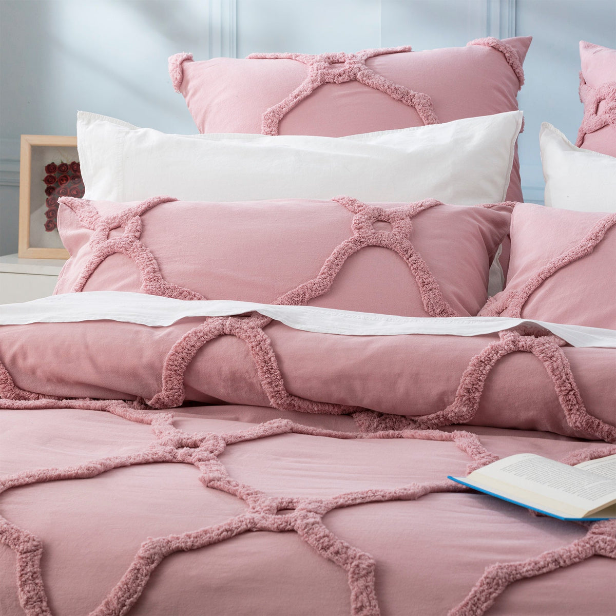 Renee Taylor Moroccan Vintage Washed Tufted Cotton Chenille Quilt Cover Set - Blush