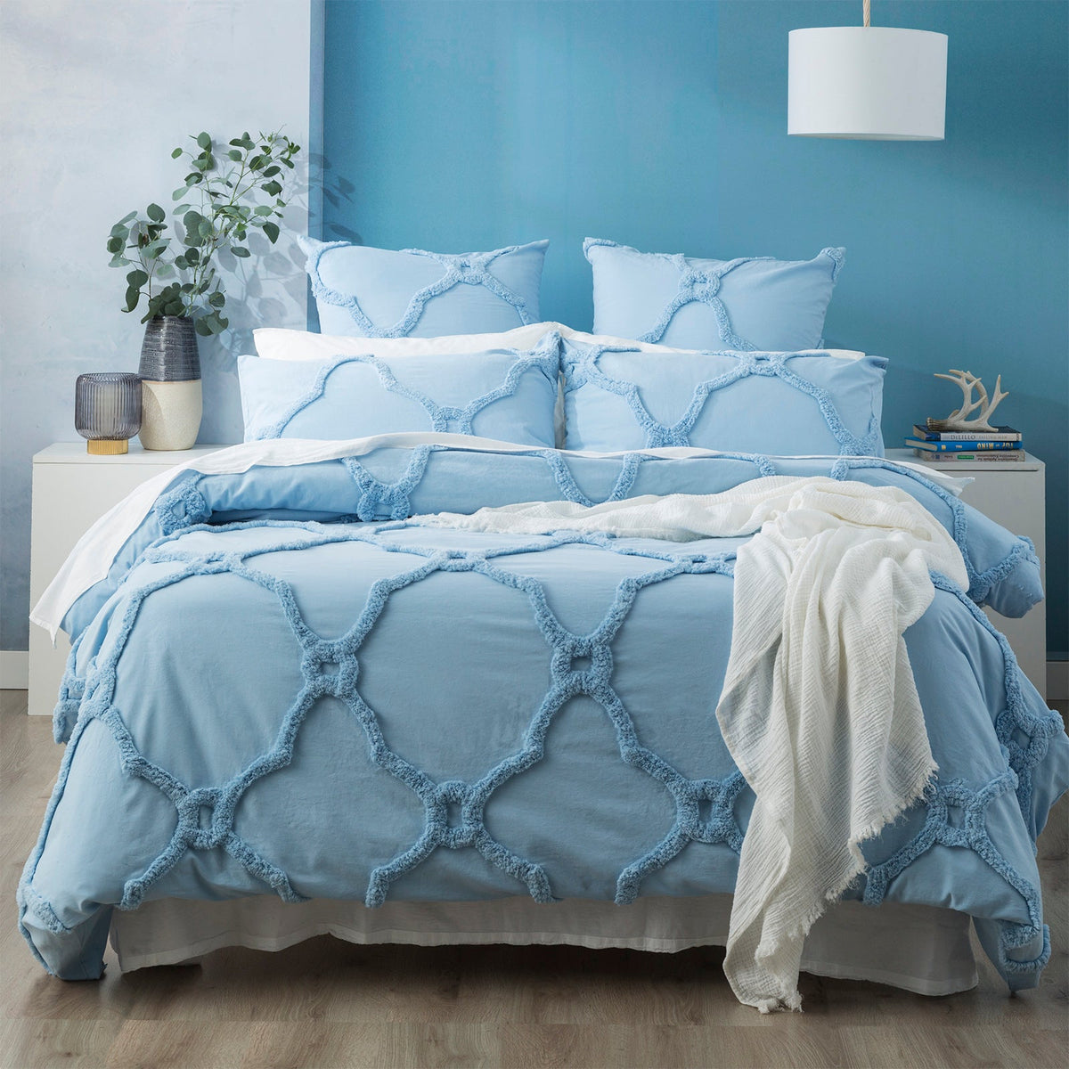Renee Taylor Moroccan Vintage Washed Tufted Cotton Chenille Quilt Cover Set - Sky