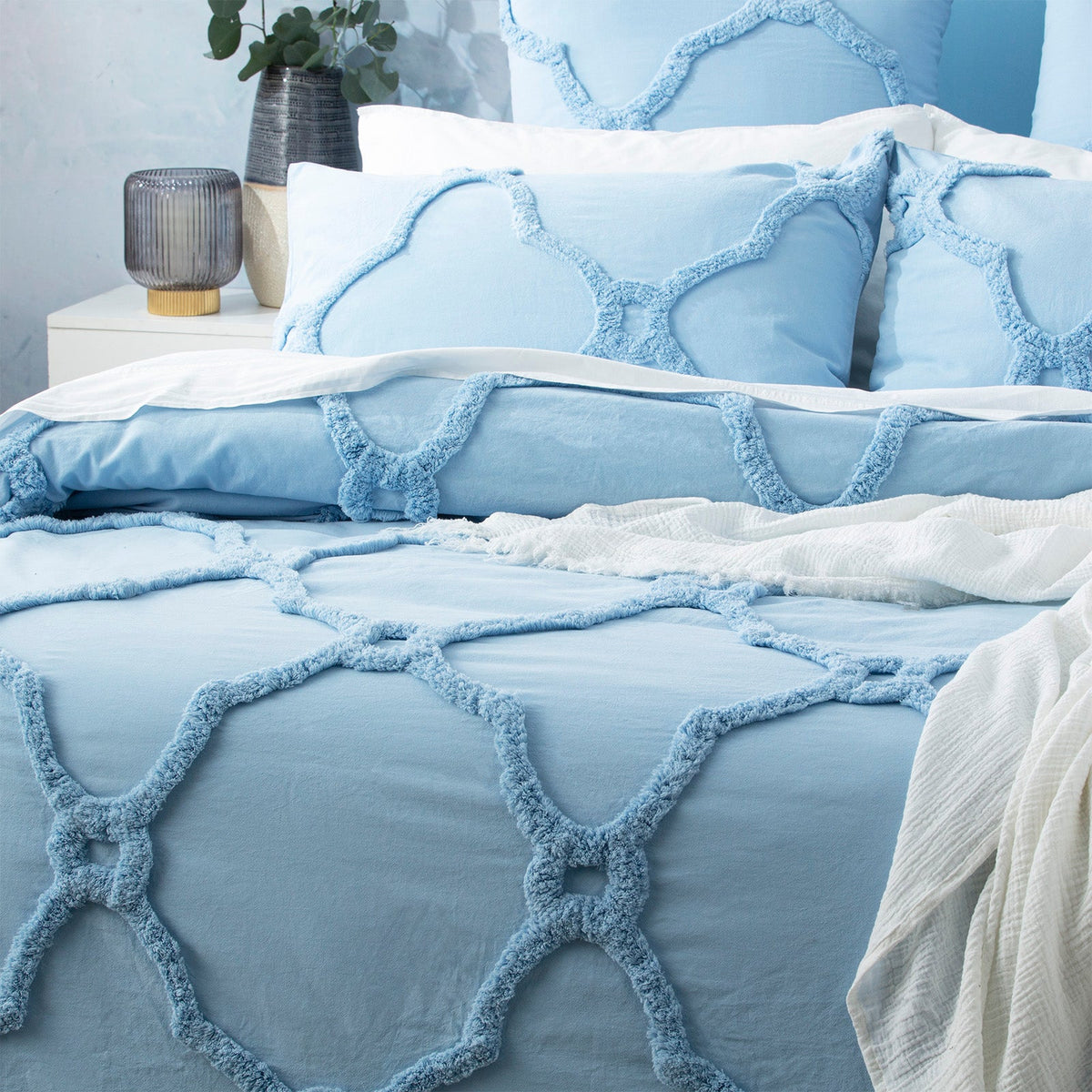 Renee Taylor Moroccan Vintage Washed Tufted Cotton Chenille Quilt Cover Set - Sky