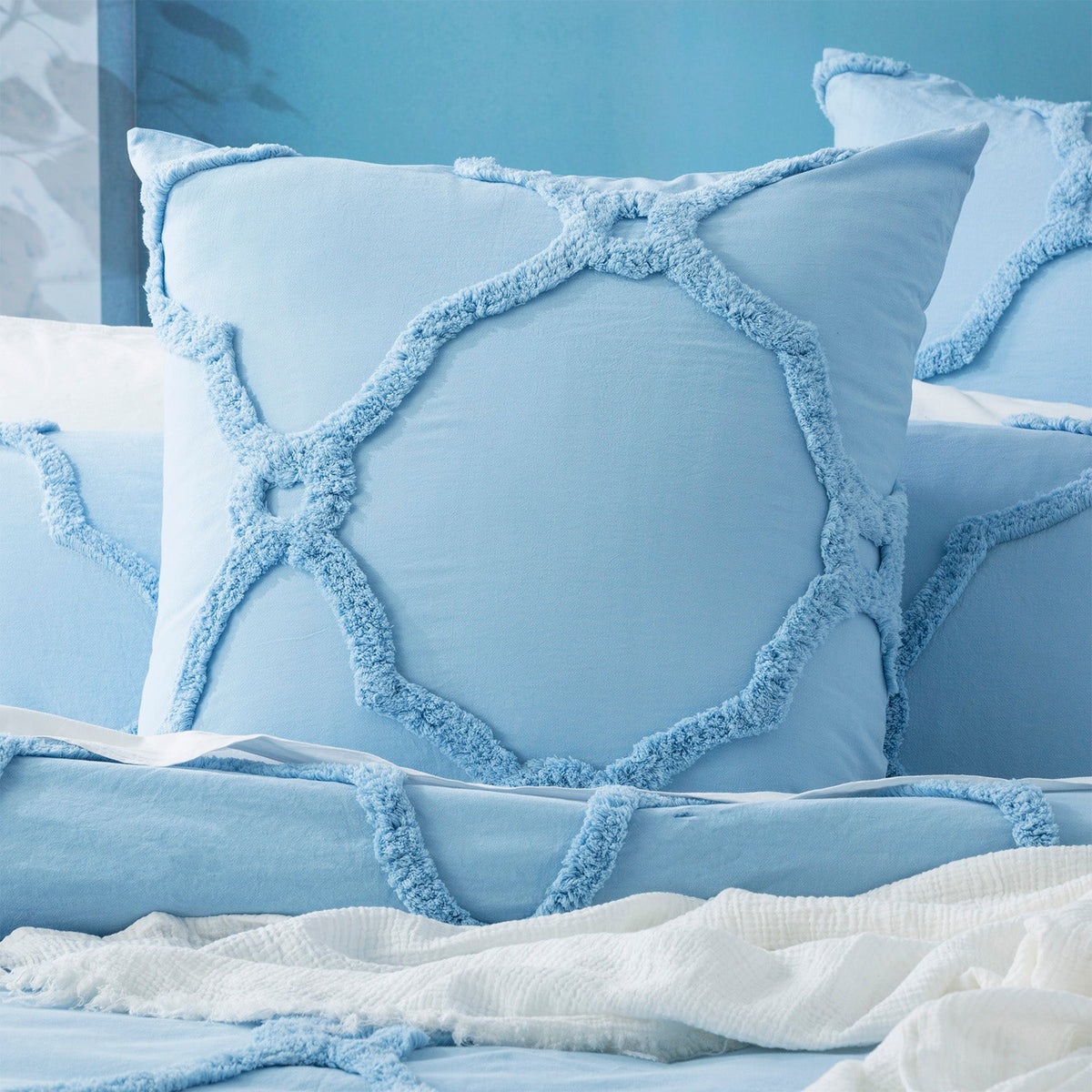 Renee Taylor Moroccan Vintage Washed Tufted Cotton Chenille Quilt Cover Set - Sky