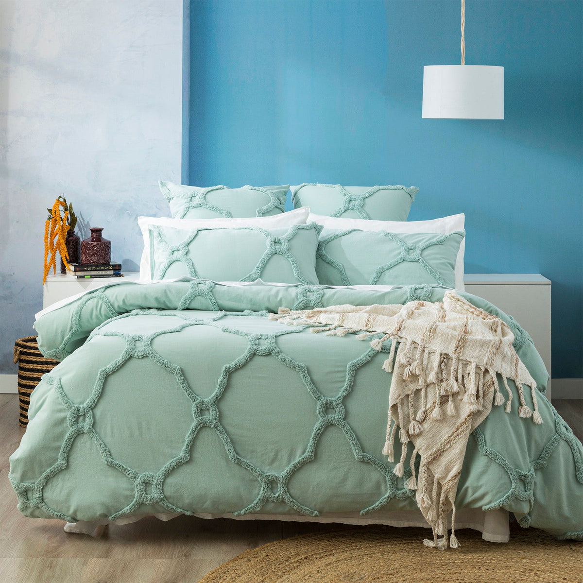 Renee Taylor Moroccan Vintage Washed Tufted Cotton Chenille Quilt Cover Set - Sage