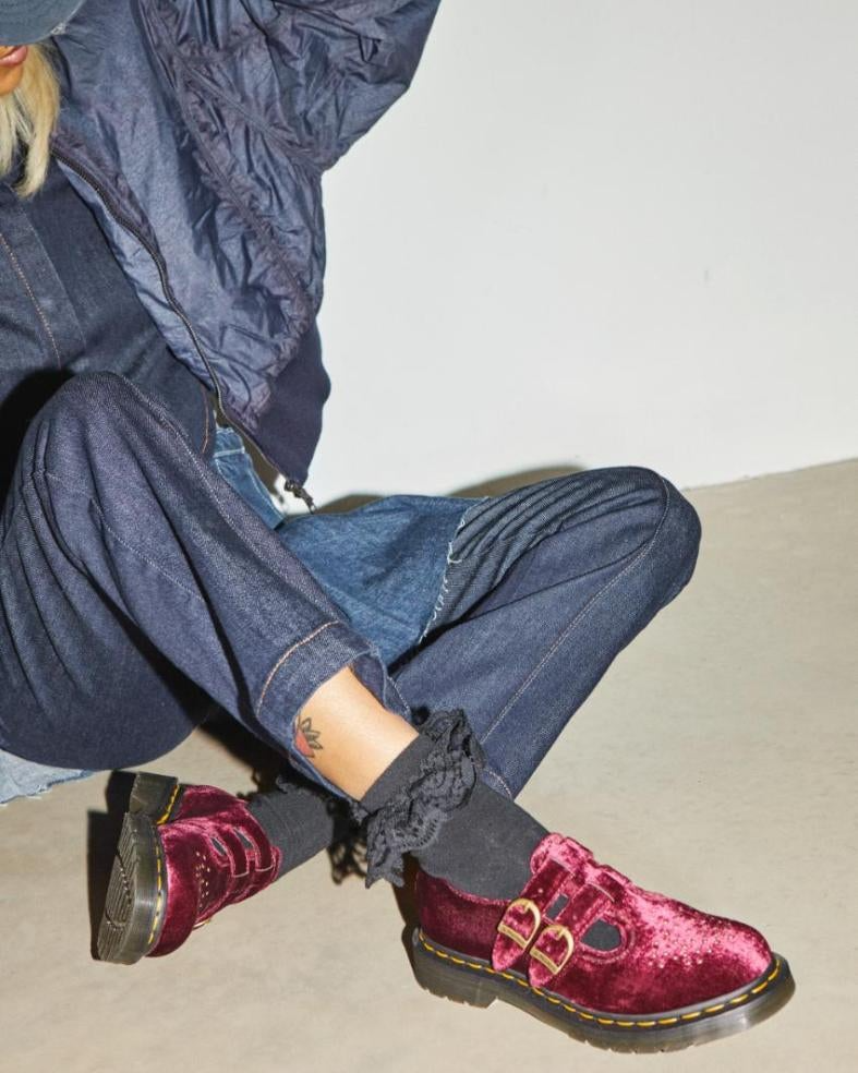 Dr. Martens Vegan 8065 Mary Jane Sandals Shoes in Velvet Cherry Red