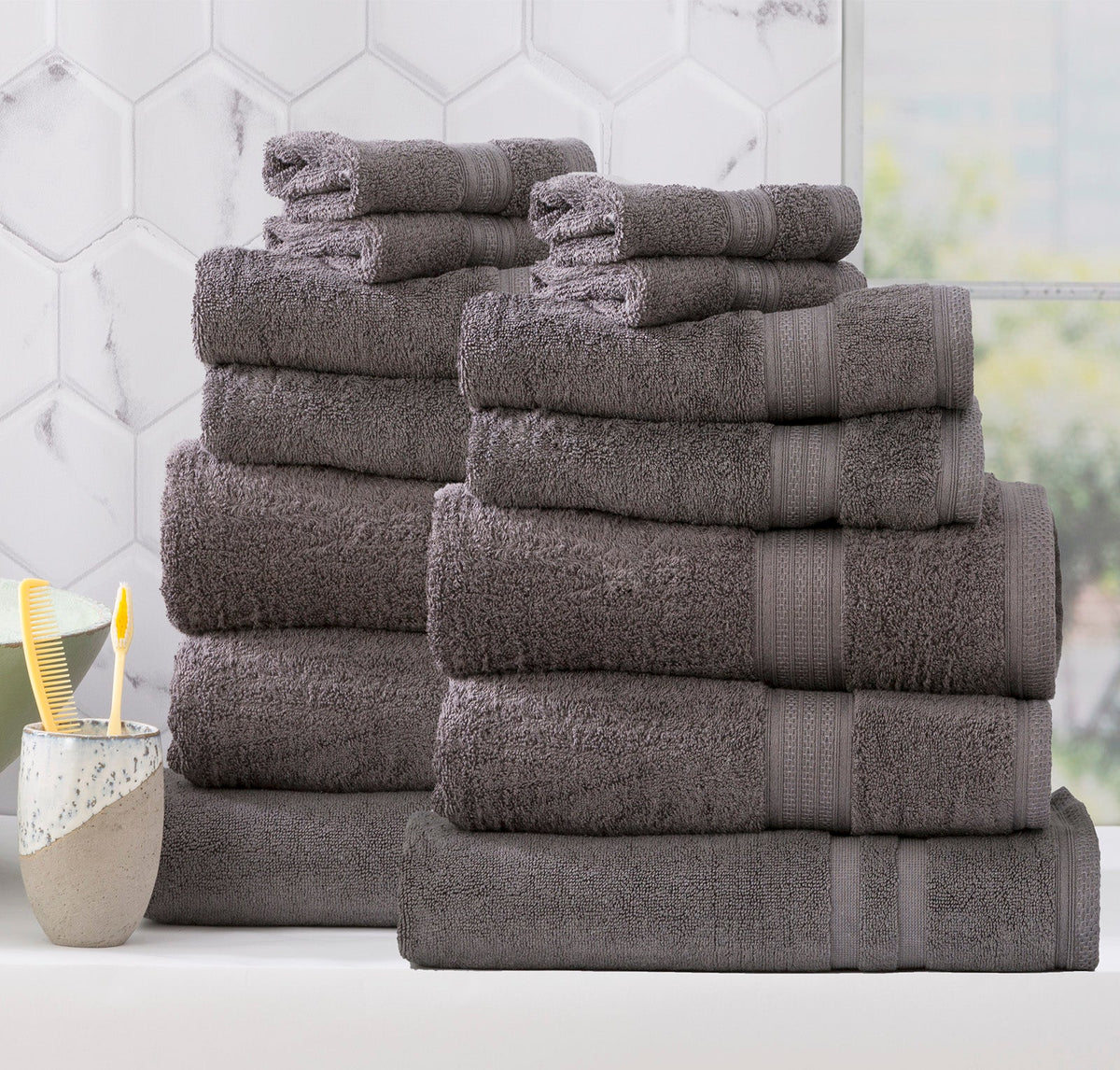 Renee Taylor Stella 650 GSM Bamboo Cotton Bath Towel Set - Charcoal (2 to 14 Piece Packs)