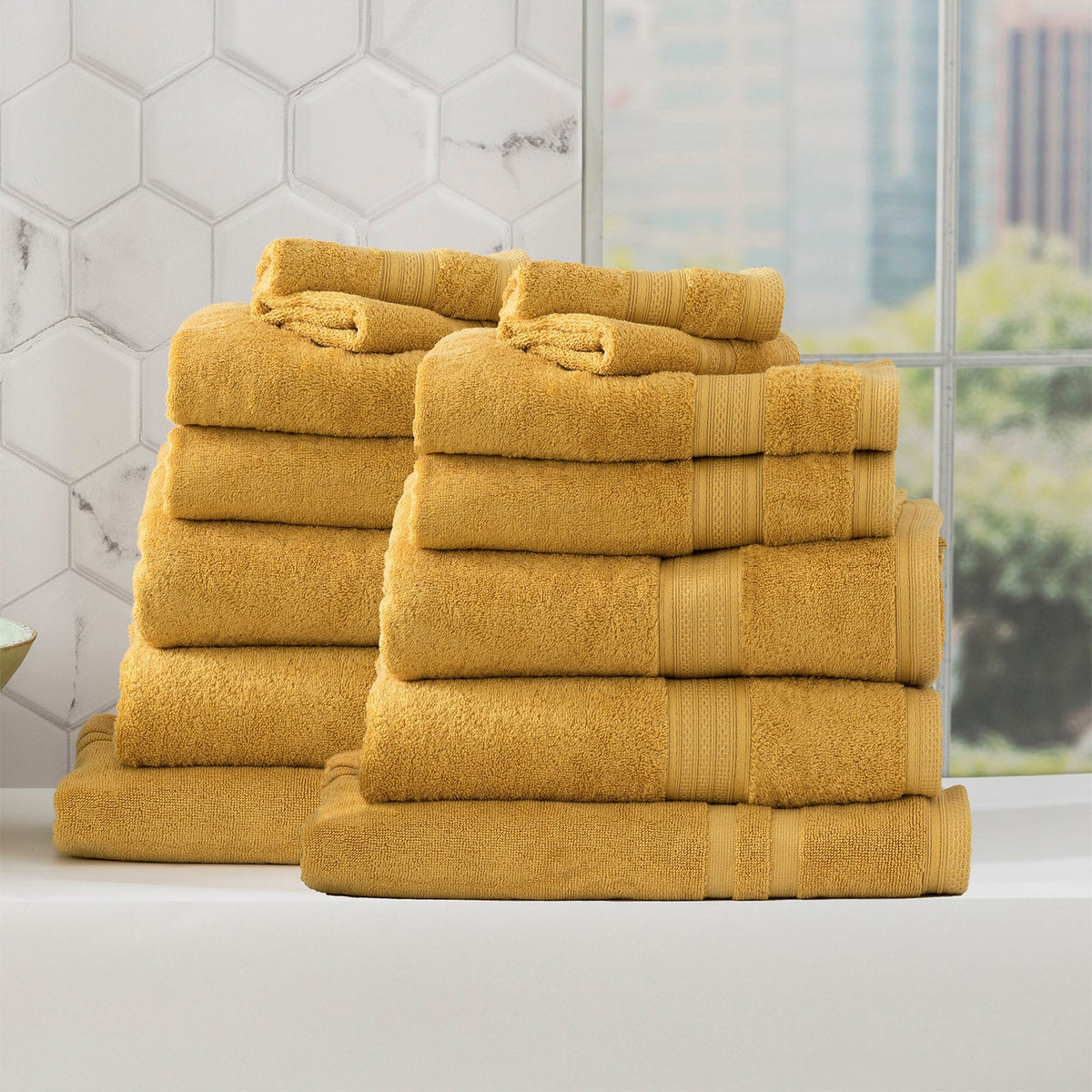 Renee Taylor Stella 650 GSM Bamboo Cotton Bath Towel Set - Mustard (2 to 14 Piece Packs)