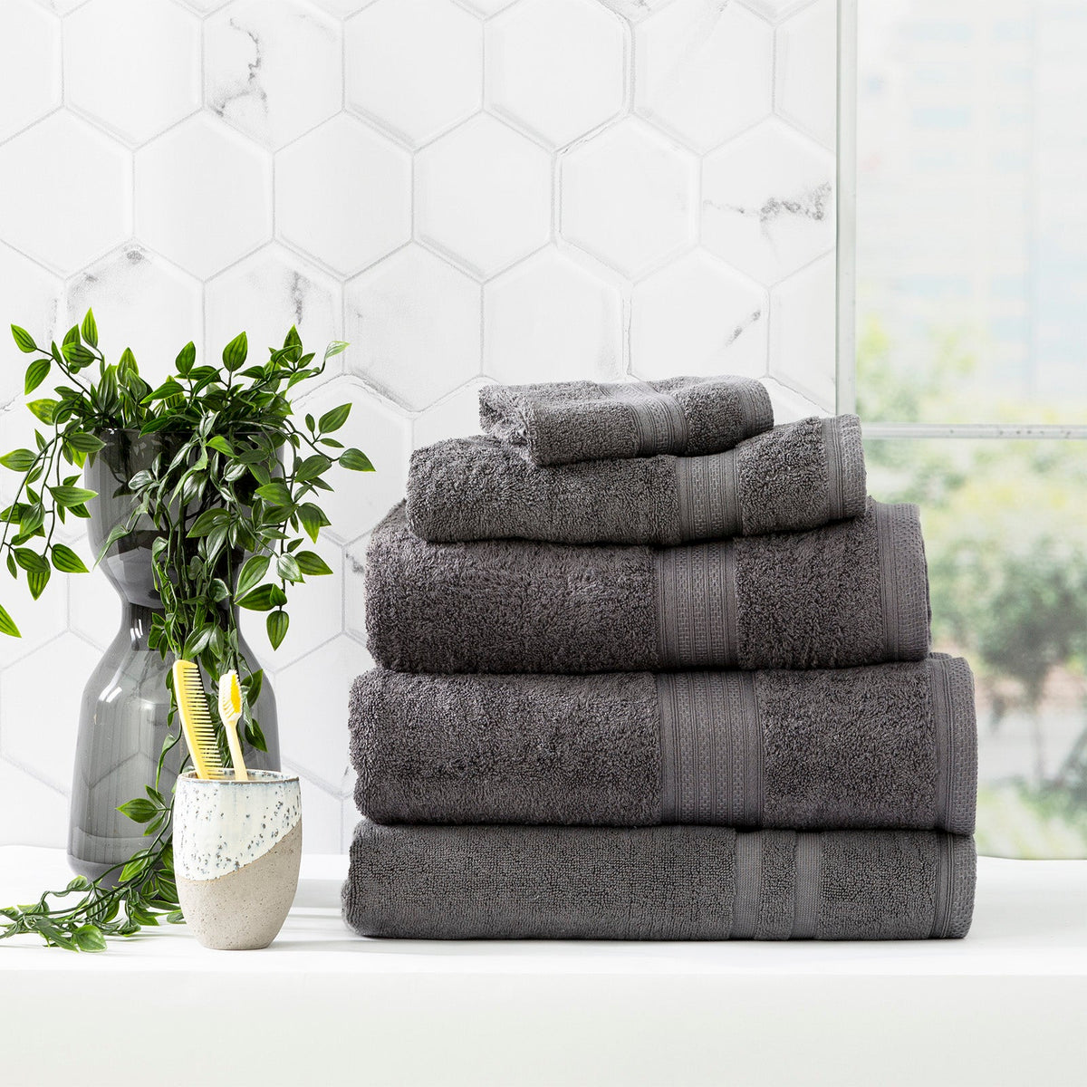 Renee Taylor Stella 650 GSM Bamboo Cotton Bath Towel Set - Charcoal (2 to 14 Piece Packs)