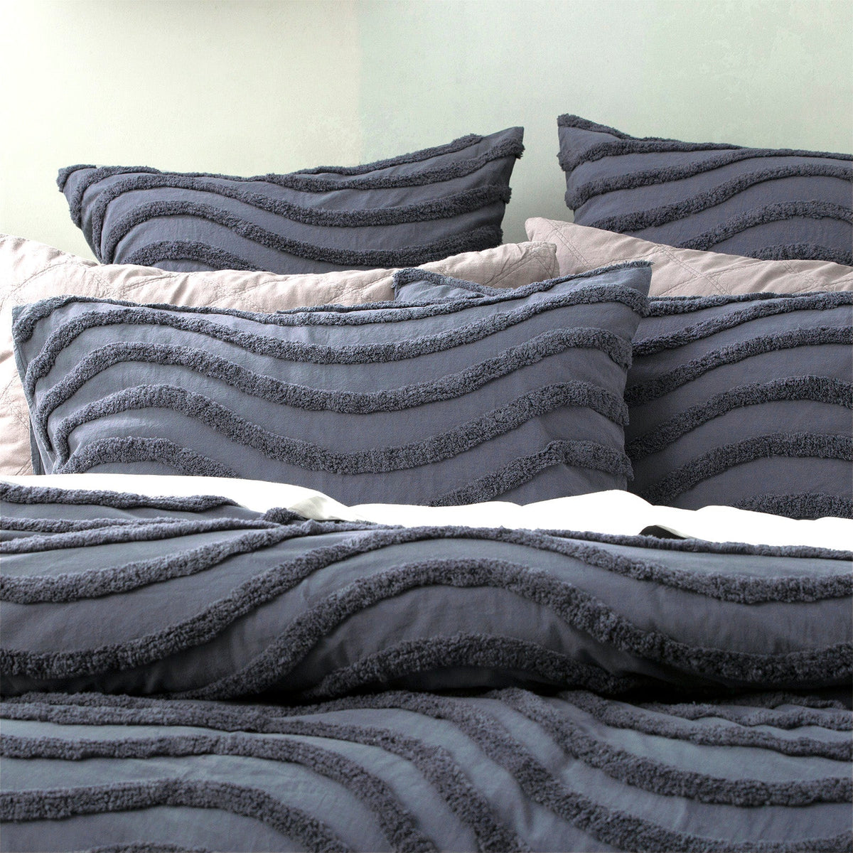 Cloud Linen Wave Vintage Washed Tufted Cotton Chenille Quilt Cover Set - Blue