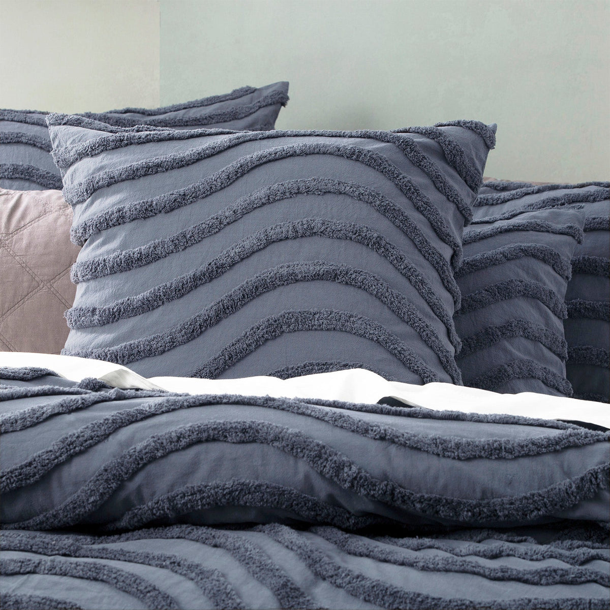 Cloud Linen Wave Vintage Washed Tufted Cotton Chenille Quilt Cover Set - Blue