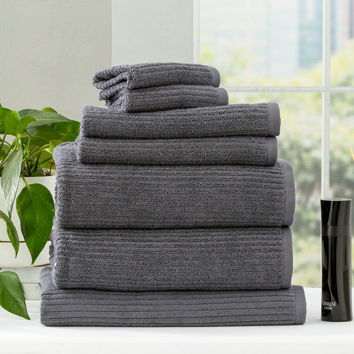 Renee Taylor Cobblestone 650 GSM Ribbed Cotton Bath Towel Set - Granite (2 to 14 Piece Packs)