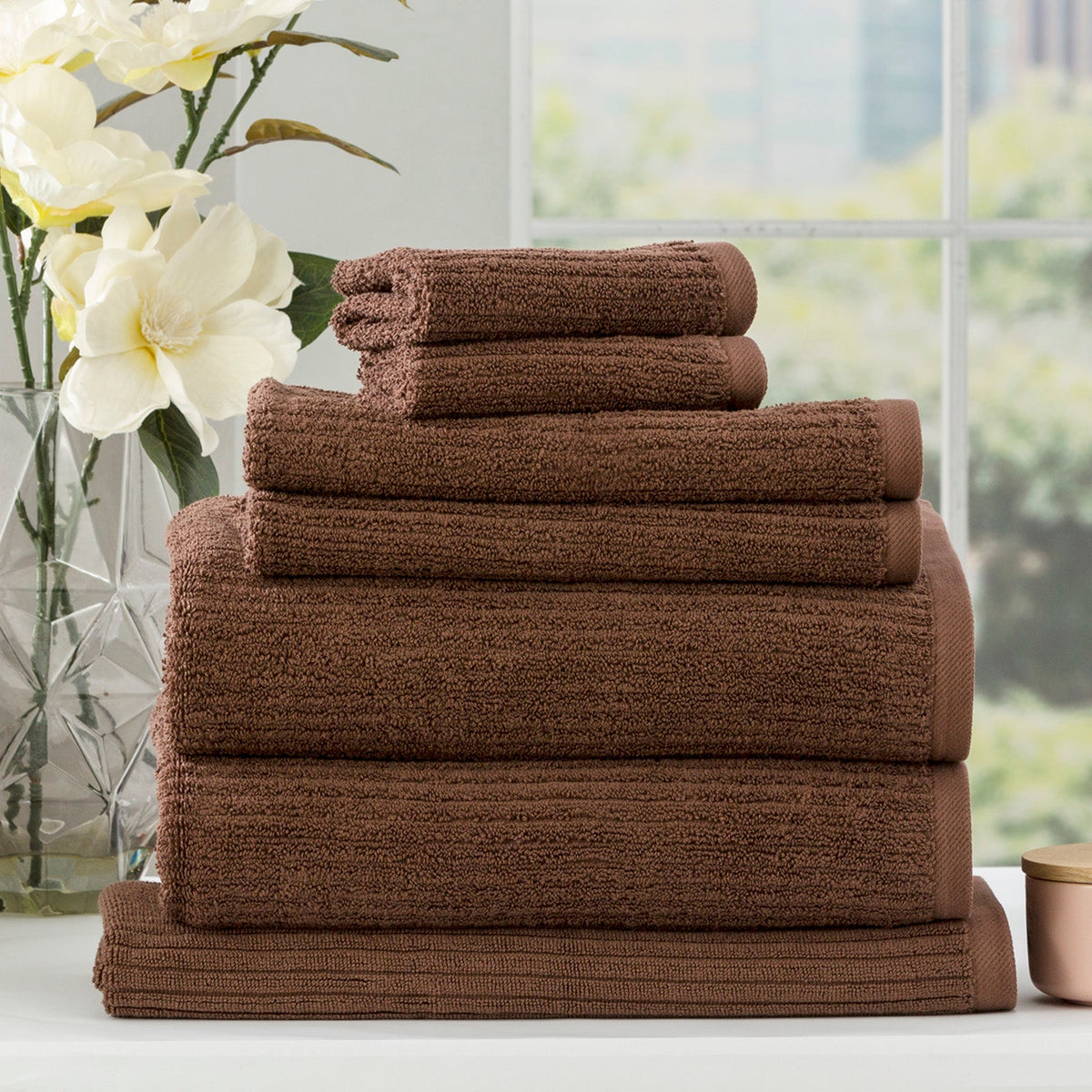 Renee Taylor Cobblestone 650 GSM Ribbed Cotton Bath Towel Set - Toffee (2 to 14 Piece Packs)