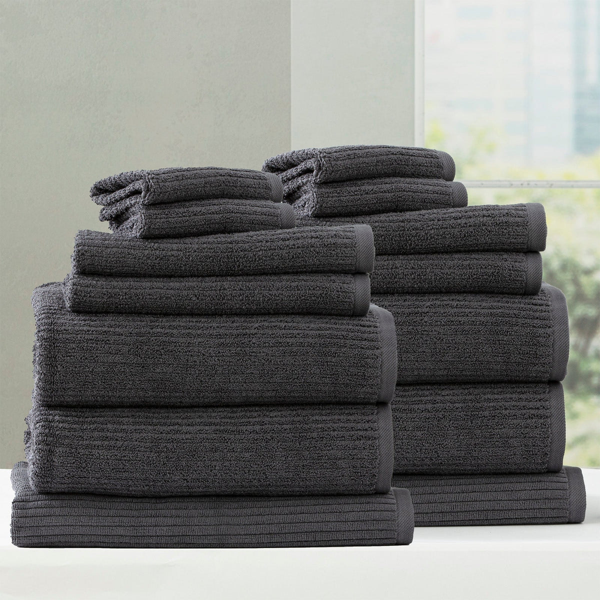 Renee Taylor Cobblestone 650 GSM Ribbed Cotton Bath Towel Set - Granite (2 to 14 Piece Packs)
