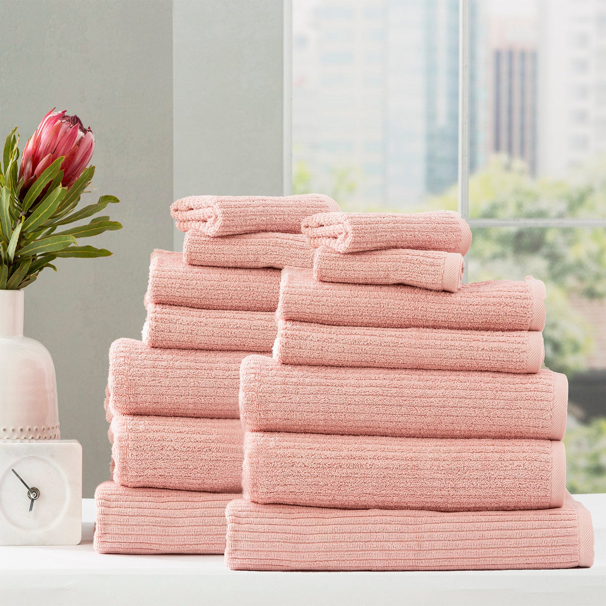 Renee Taylor Cobblestone 650 GSM Ribbed Cotton Bath Towel Set - Blush (2 to 14 Piece Packs)