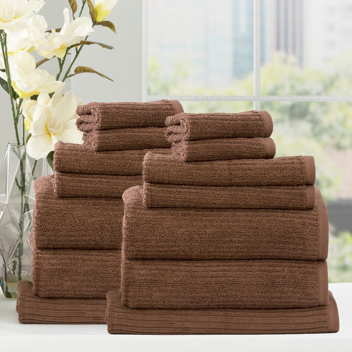 Renee Taylor Cobblestone 650 GSM Ribbed Cotton Bath Towel Set - Toffee (2 to 14 Piece Packs)