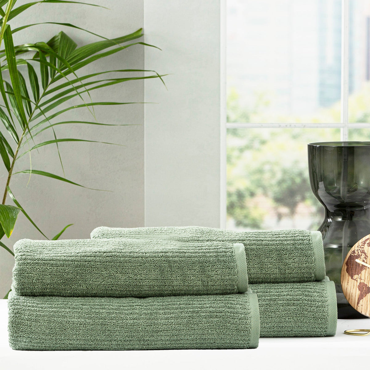 Renee Taylor Cobblestone 650 GSM Ribbed Cotton Bath Towel Set - Sage (2 to 14 Piece Packs)